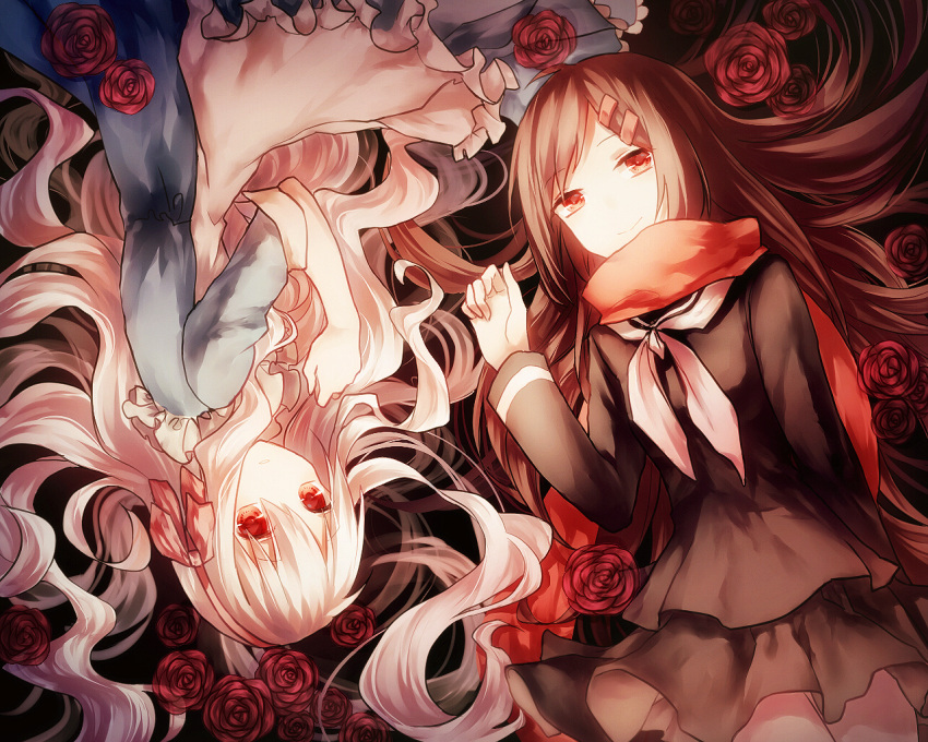 2girls artist_request black_hair flower hair_ornament hairclip kagerou_project kozakura_mary long_hair multiple_girls red_eyes red_scarf rose scarf school_uniform smile tateyama_ayano