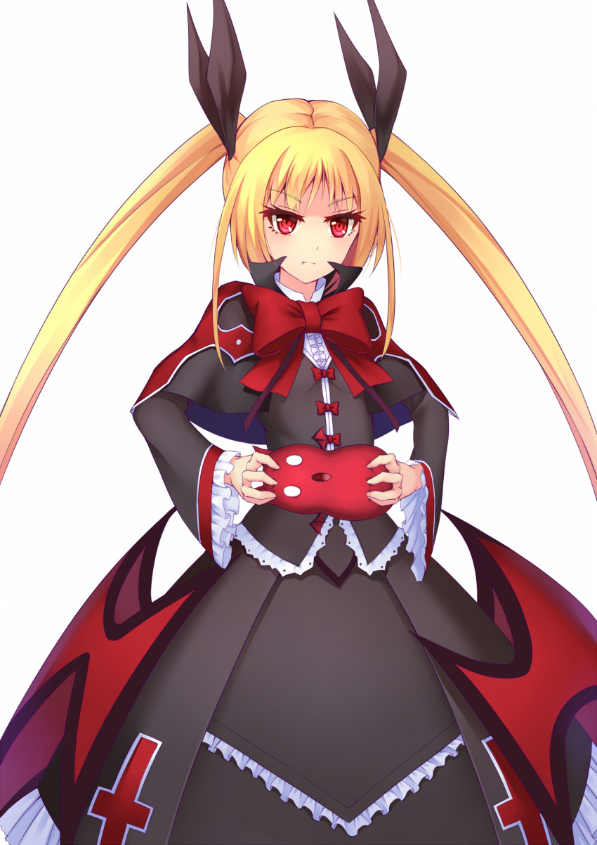 1girl blazblue blonde_hair bow commentary gii hair_ribbon highres long_hair long_sleeves looking_at_viewer pout pulling rachel_alucard red_eyes revision ribbon shirt skirt skirt_set ti-tang very_long_hair wide_sleeves