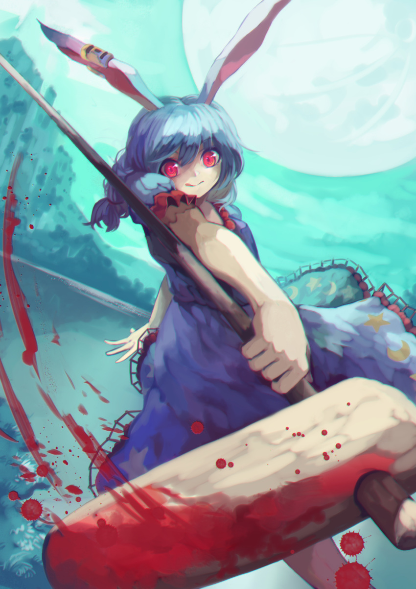 1girl animal_ears berabou blood blue_dress blue_hair dress ear_clip frilled_dress frills full_moon highres kine looking_at_viewer mallet moon puffy_short_sleeves puffy_sleeves rabbit_ears red_eyes seiran_(touhou) short_sleeves solo tongue touhou