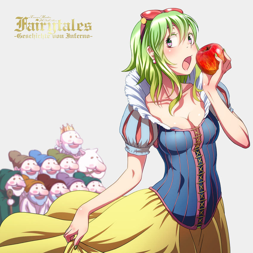 1girl 6+boys apple blush breasts cleavage cosplay dress dwarf dwarf_(grimm) earrings food fruit goggles goggles_on_head green_eyes green_hair gumi highres jewelry looking_at_viewer multiple_boys nail_polish open_mouth puffy_sleeves short_hair snow_white_(cosplay) snow_white_and_the_seven_dwarfs vocaloid wokada