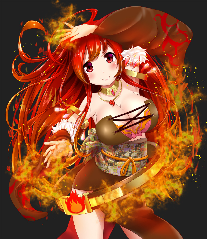 1girl bare_shoulders breasts brown_dress cleavage detached_sleeves dress excel_(shena) flame floral_print highres jewelry large_breasts long_hair long_sleeves looking_at_viewer necktie obi original pendant red_eyes redhead sash smile solo tabard thighs very_long_hair wide_sleeves