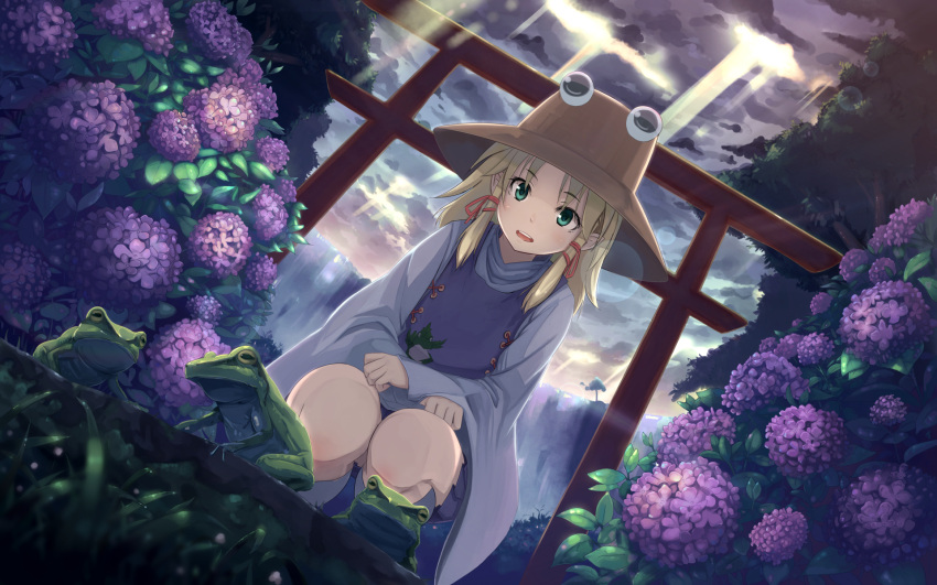 1girl after_rain aqua_eyes backlighting blonde_hair blurry buriterium bush clouds cloudy_sky depth_of_field flower frog frog_print from_below grass hair_ribbon hat highres hydrangea lens_flare light_rays long_sleeves looking_down moriya_suwako moss nature perspective purple_skirt revision ribbon short_hair skirt sky solo squatting sunlight thighs torii touhou tree turtleneck vest water waterfall wide_sleeves