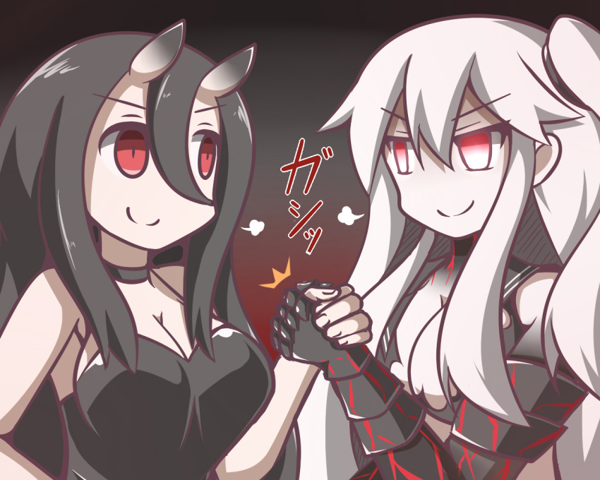 2girls aircraft_carrier_hime battleship-symbiotic_hime black_dress black_hair breasts cleavage commentary_request dress feiton hand_grab horns kantai_collection long_hair multiple_girls pale_skin red_eyes shinkaisei-kan translation_request white_hair