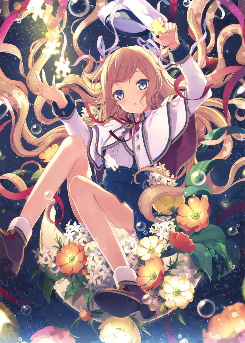 1girl absurdres bangs blonde_hair blue_eyes blush bubble cloak flower hat high_heels highres kiyu large_filesize long_hair looking_at_viewer open_mouth original puzzle_piece ribbon school_uniform shoes side_ponytail sidelocks skirt solo source_request twintails