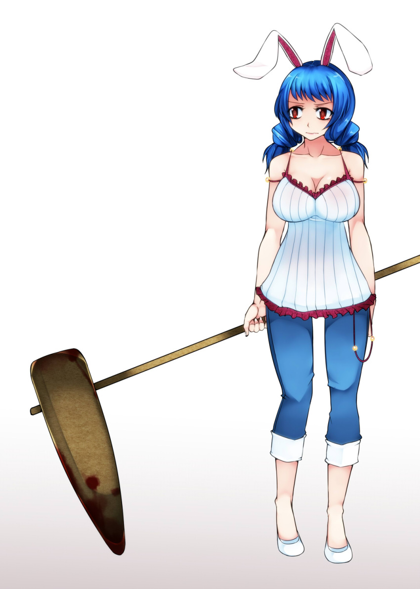 1girl animal_ears aoshima bare_shoulders blood bloody_weapon blue_hair breasts camisole capri_pants casual cleavage collarbone contemporary drill_hair frown highres large_breasts looking_to_the_side mallet pants rabbit_ears red_eyes seiran_(touhou) shoes simple_background solo touhou weapon white_background white_shoes