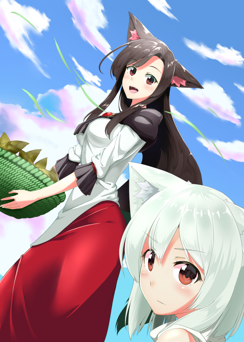 2girls aino-san_(miximixi39) animal_ears bamboo_broom blush breasts brooch broom brown_hair dress fangs highres imaizumi_kagerou inubashiri_momiji jewelry long_hair long_sleeves looking_at_viewer multiple_girls no_hat open_mouth red_eyes short_hair silver_hair touhou trait_connection wolf_ears