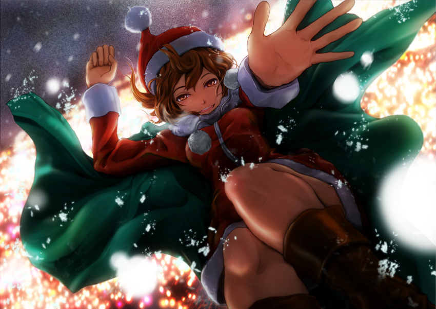 1girl alternate_costume arms_up backlighting boots breath brown_eyes brown_hair cape dutch_angle falling hat highres lights looking_at_viewer meiko museum2088 night reaching_out santa_costume santa_hat short_hair smile snow solo vocaloid