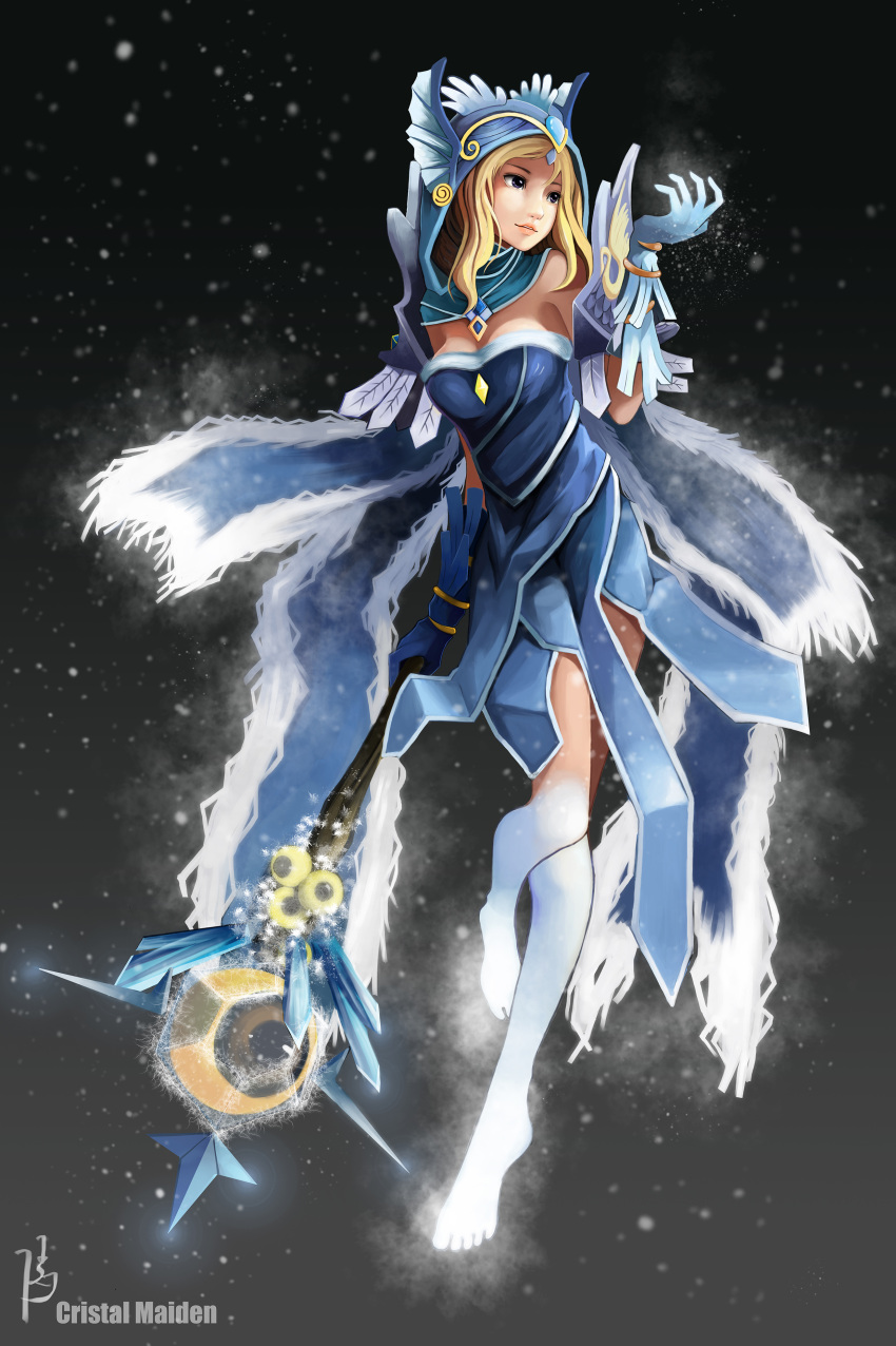 1girl absurdres barefoot blonge_hair breasts cape defense_of_the_ancients diandianzai dota_2 gloves highres hood lips pauldrons rylai_crestfall snow solo staff violet_eyes