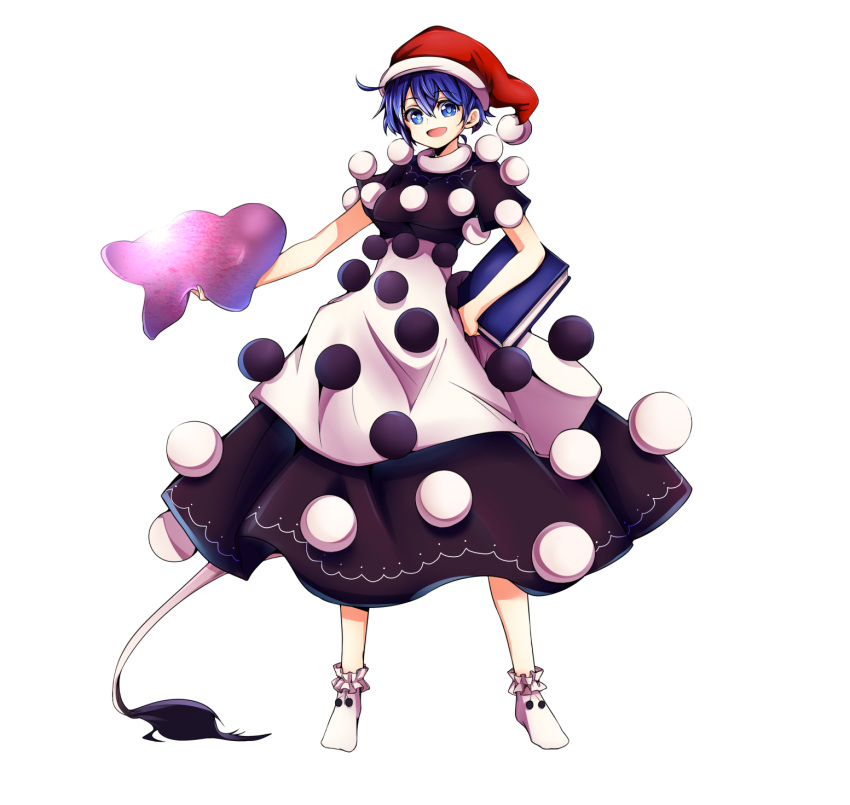 1girl :d baba_(baba_seimaijo) blob blue_eyes blue_hair book doremy_sweet dress ears hand_on_hip hat highres layered_dress nightcap open_mouth pom_pom_(clothes) smile tail touhou transparent_background