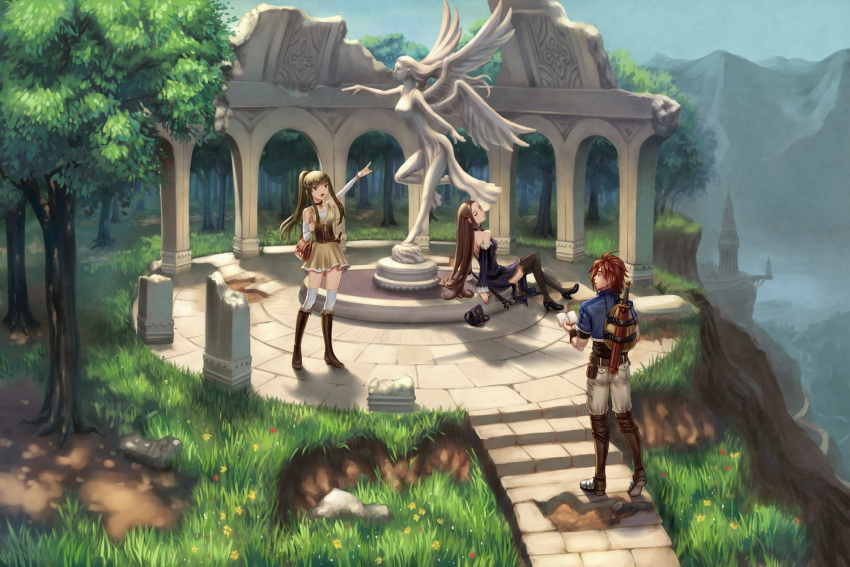 1boy 2girls bare_shoulders black_legwear black_shoes book boots brown_boots brown_hair closed_eyes detached_sleeves grass high_heels long_hair multiple_girls original ruins shoes sitting staff statue sword thigh-highs tree weapon white_legwear wristband youbou