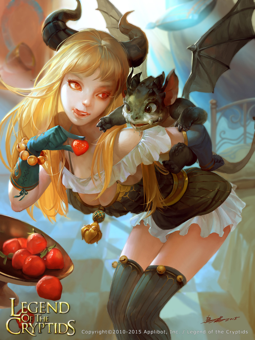 1girl 2015 animal_on_shoulder bare_shoulders bell blonde_hair blue_gloves breasts cleavage company_name copyright_name crowgod dragon food fruit fruit_bowl gloves grey_legwear highres horns leaning_forward legend_of_the_cryptids licking_lips long_hair official_art red_eyes saliva signature thigh-highs tongue tongue_out