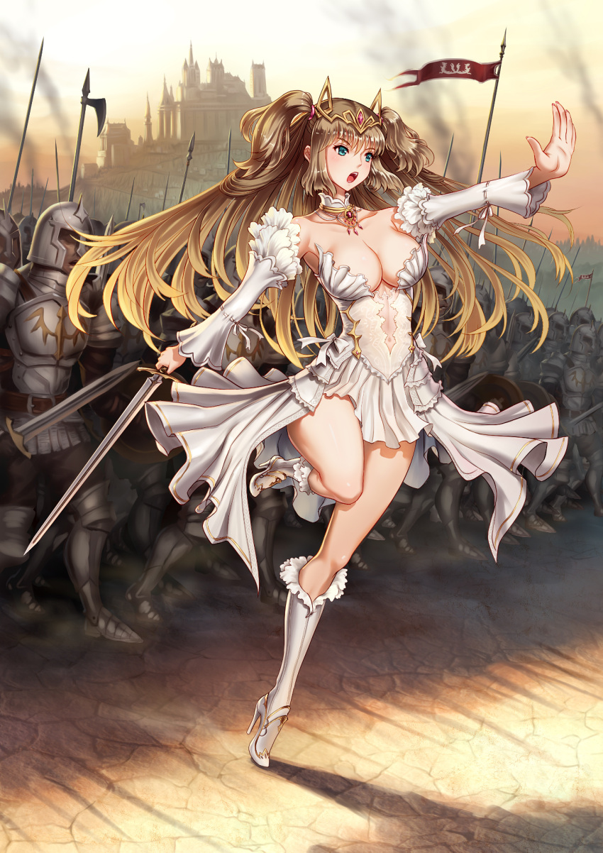1girl :o aqua_eyes armor army banner blonde_hair breasts castle center_opening charging choker cleavage detached_sleeves halberd high_heels highres jewelry knight large_breasts long_hair navel open_mouth original polearm revision see-through shadow short_twintails sky smoke solo sword tiara twintails two_side_up weapon youbou