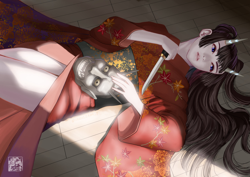 1girl black_hair blue_eyes commentary_request floral_print glowing glowing_horns highres hinomoto_oniko holding japanese_clothes kimono light_rays lips long_hair looking_away looking_to_the_side lying obi on_back on_floor oni_horns oni_mask pale_skin parted_lips sash solo tantou twitter_username urushizawa_takayuki watermark