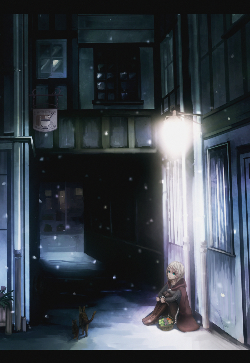 1girl alley blonde_hair boots cape cat flower flower_basket flower_pot frills highres kitten knee_boots lamppost leg_hug letterboxed light long_sleeves night original outdoors plant shapen_kezuri_(s.k) signpost sitting snowing solo spotlight window