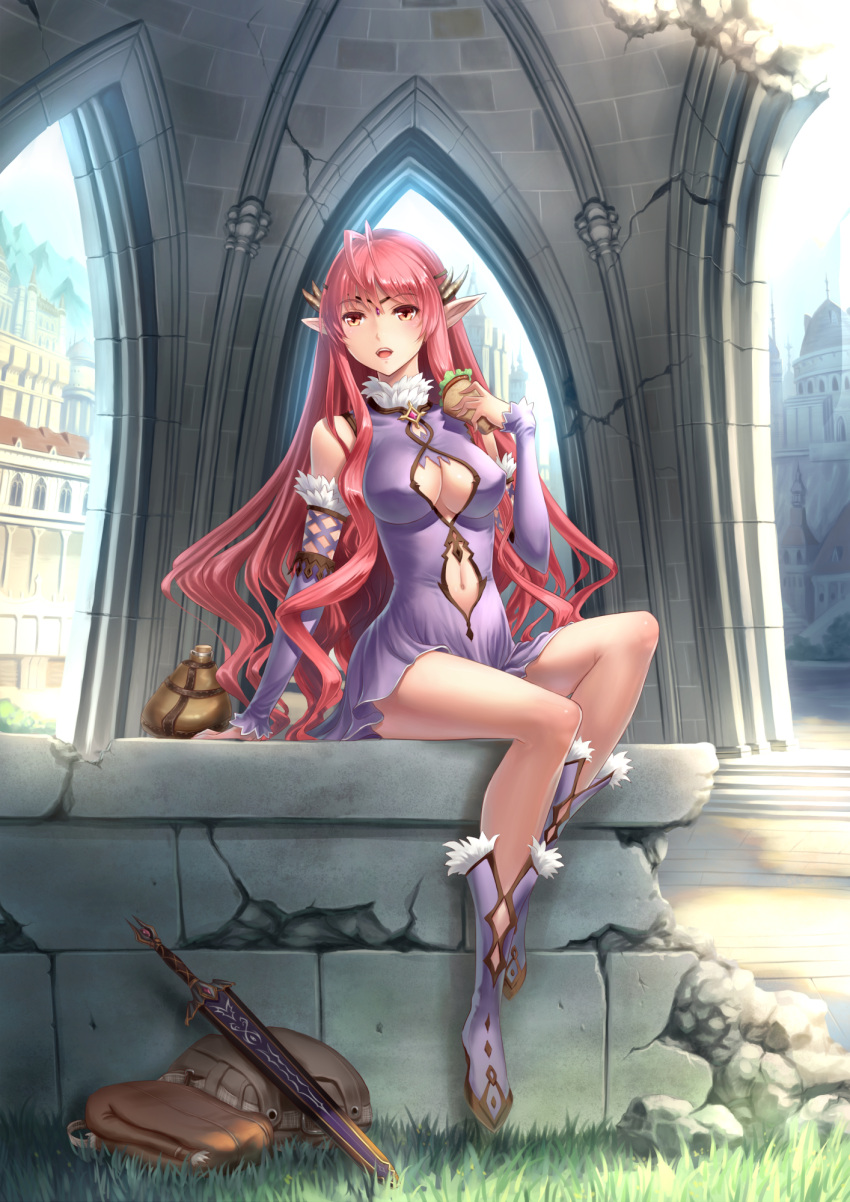 1girl :d boots cleavage_cutout detached_sleeves dress highres long_hair navel open_mouth original pink_eyes pink_hair pointy_ears purple_boots purple_dress ruins sitting smile solo sword tiara very_long_hair weapon youbou