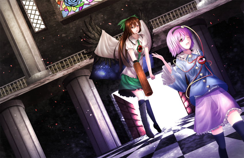 2girls arm_cannon bird_wings black_legwear blouse brown_hair cacao_devil cape checkered checkered_floor clenched_hand dutch_angle flying frilled_skirt frills greaves hairband heart kneehighs komeiji_satori long_hair looking_at_another looking_at_viewer mary_janes multiple_girls one_eye_closed open_door open_mouth orange_eyes pillar pink_eyes pink_hair puffy_short_sleeves puffy_sleeves railing raised_hand reiuji_utsuho shoes short_hair short_sleeves skirt stained_glass thigh-highs third_eye touhou weapon wings zettai_ryouiki