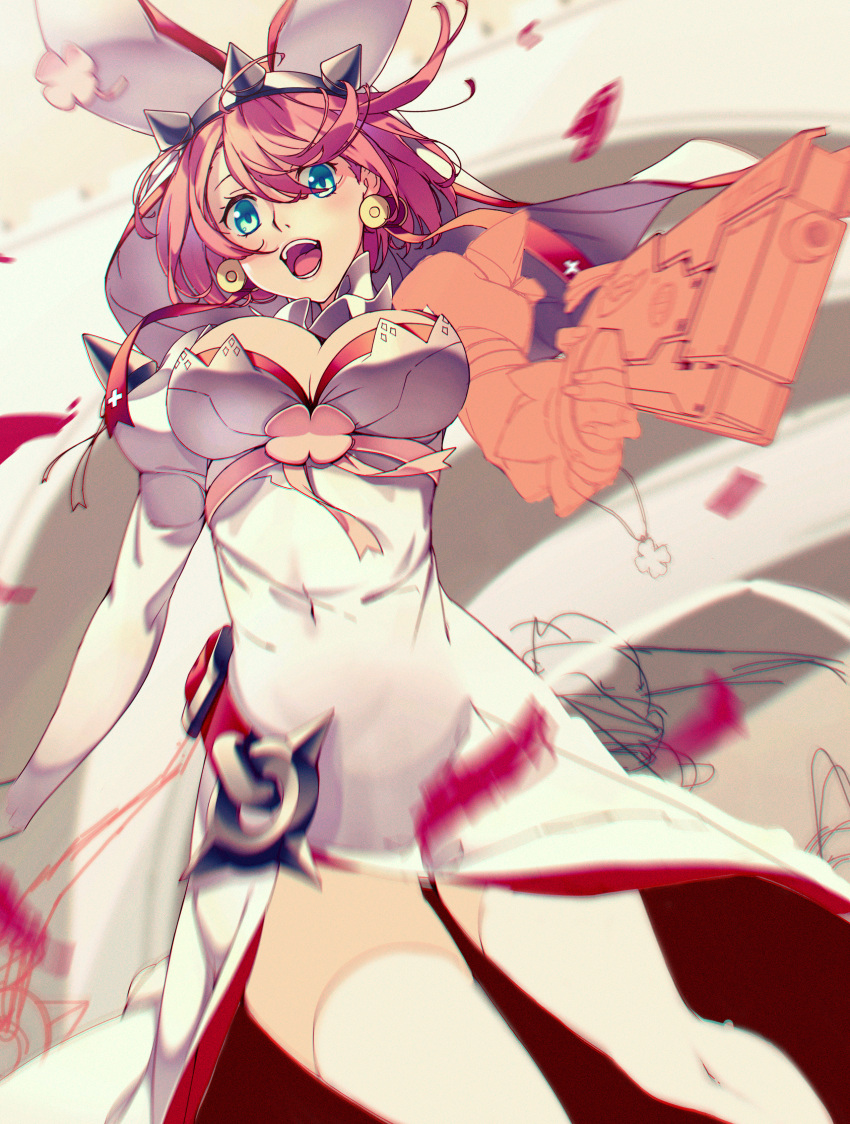 1girl :d absurdres blue_eyes breasts cleavage covered_navel dress earrings elphelt_valentine guilty_gear guilty_gear_xrd gun handgun hat highres jewelry open_mouth petals pink_hair rei_(pixiv_187780) smile solo thigh-highs weapon zettai_ryouiki