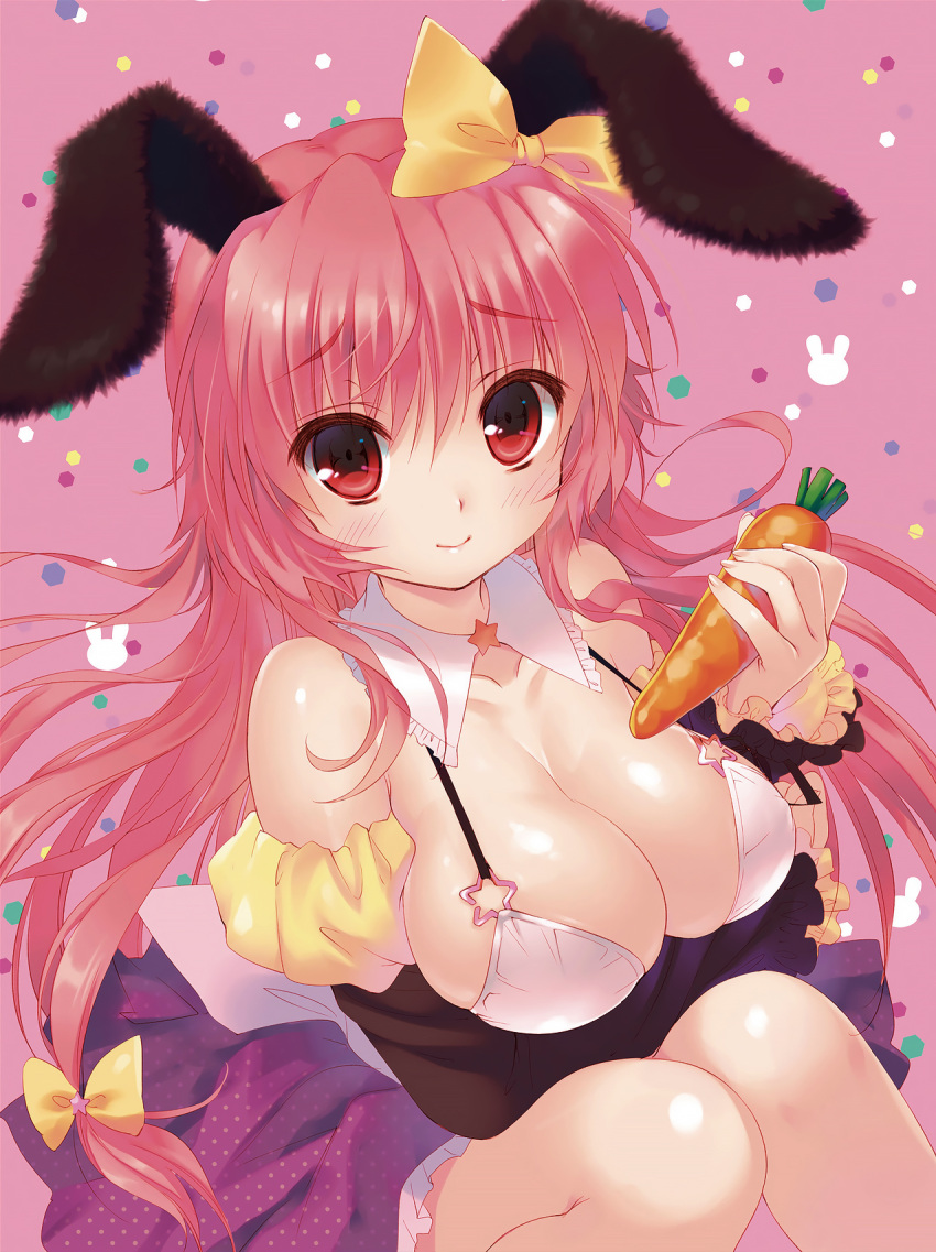 1girl animal_ear_bow animal_ears bare_shoulders blush bow breast_hold breasts carrot cleavage detached_collar detached_sleeves from_above hair_bow highres knees_together_feet_apart large_breasts light_smile long_hair looking_at_viewer looking_up original pink_eyes pink_hair polka_dot_skirt rabbit_ears santa_matsuri scan shiny shiny_skin sitting solo