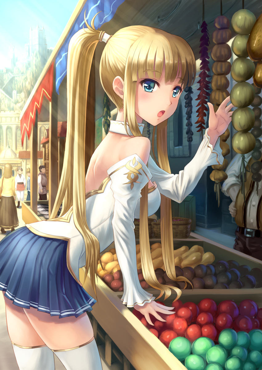bare_shoulders bent_over blonde_hair blue_eyes castle detached_collar detached_sleeves fantasy fruit_stand highres looking_at_viewer original pleated_skirt ponytail skirt thigh-highs white_legwear youbou zettai_ryouiki