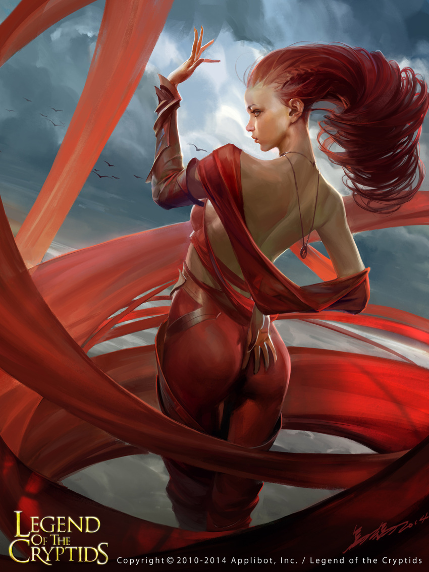 1girl 2014 adeus ass bird clouds cloudy_sky company_name copyright_name crowgod facing_away grey_eyes highres jewelry legend_of_the_cryptids long_hair necklace official_art red_clothes red_legwear redhead seagull signature sky solo