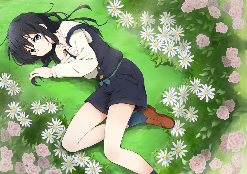 1girl black_hair blue_eyes blush daisy flower highres kagiana kitashirakawa_tamako loafers lying mole on_side shoes shorts smile socks solo strap_slip tamako_market