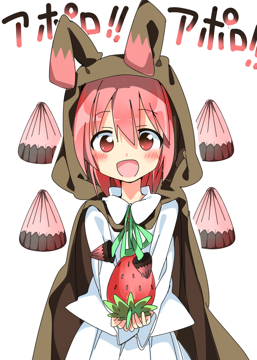 1girl absurdres apollo_chocolate blush chocolate food food_as_clothes food_themed_clothes fruit highres looking_at_viewer open_mouth original personification pink_eyes pink_hair revision short_hair simple_background smile solo strawberry tantan_men_(dragon) translated white_background