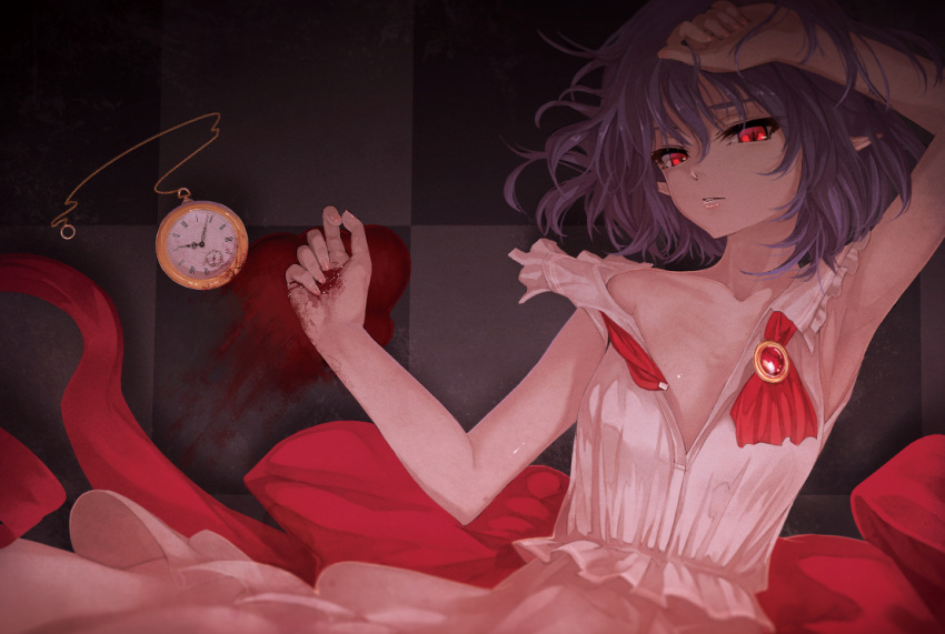 1girl arm_up armpits bare_arms blood breasts flat_chest ibuki_notsu looking_at_viewer lying open_clothes open_shirt pointy_ears purple_hair red_eyes remilia_scarlet shirt short_hair solo touhou watch