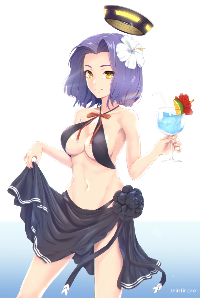 1girl bendy_straw bikini black_bikini blush breasts cleavage cup drinking_straw flower hair_flower hair_ornament hibiscus highres infinote kantai_collection large_breasts looking_at_viewer mechanical_halo navel purple_hair sarong short_hair simple_background smile solo swimsuit tatsuta_(kantai_collection) white_background yellow_eyes
