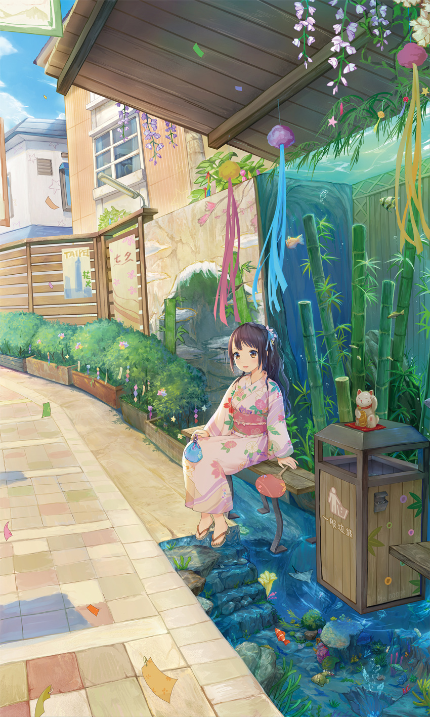 1girl air_bubble angelfish balloon bamboo bench brown_eyes brown_hair building bush clownfish coral fan fish floral_print flower fluorescent_lamp hair_ornament highres holding japanese_clothes jellyfish kimono leaf long_hair long_sleeves looking_at_viewer maneki-neko mural obi original outdoors paper_fan parted_lips pavement petals plant ponytail poster_(object) potted_plant print_kimono road sandals sash sayika scenery seaweed sett sitting slippers smile solo stingray streamers tanzaku trash_can uchiwa wall water window wisteria wooden_wall