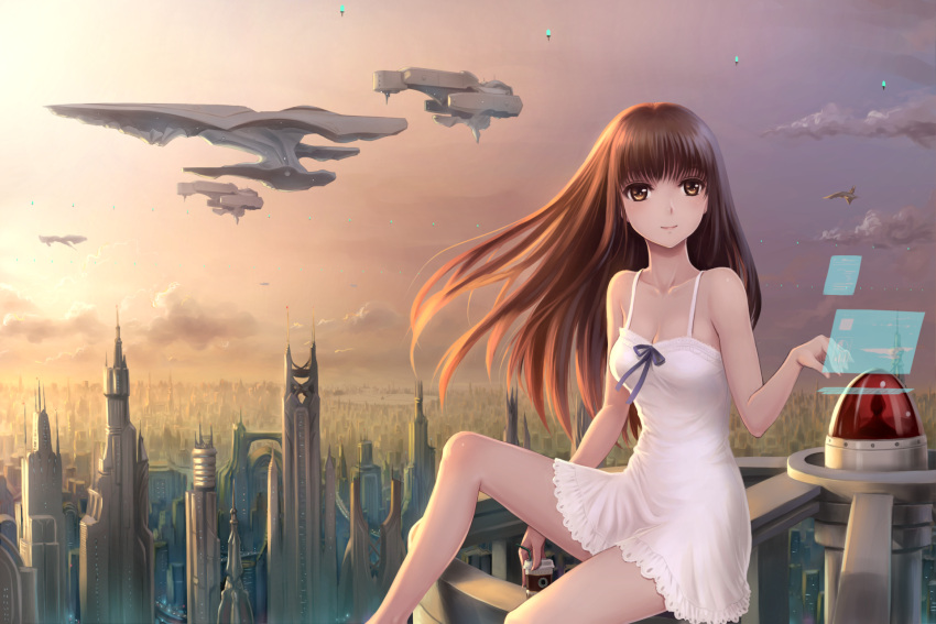 1girl aircraft brown_eyes brown_hair cityscape clouds commentary_request cup dress drinking_straw highres lips long_hair original smile white_dress youbou