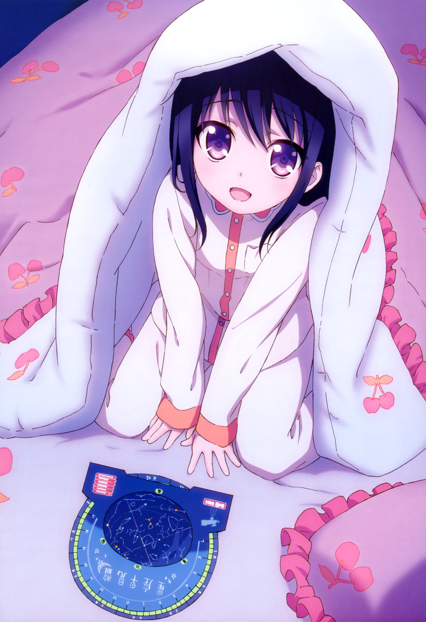 1girl :d absurdres blue_hair charlotte_(anime) constellation highres nyantype official_art open_mouth otosaka_ayumi pajamas smile solo violet_eyes