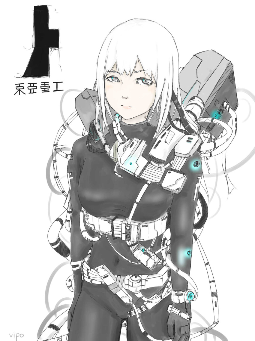 1girl artist_name backpack bag blame! bodysuit cable cibo cowboy_shot cyberpunk emblem engineer grey_eyes highres machinery navel pale_skin science_fiction sketch solo standing tape vipo white_background white_hair