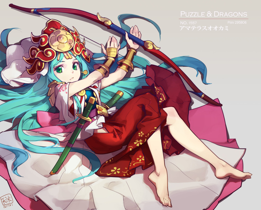 1girl amaterasu_(p&amp;d) aqua_hair barefoot bow_(weapon) green_eyes hair_ornament hakama hat highres japanese_clothes jewelry katana kimono long_hair long_sleeves lying on_side open_mouth puzzle_&amp;_dragons solo sword tennohi very_long_hair weapon wrist_guards