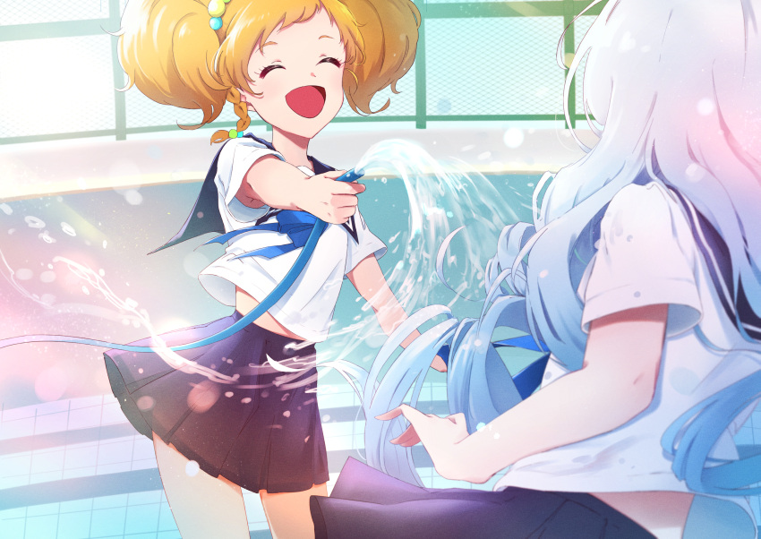 2girls :d ^_^ ^o^ absurdres aikatsu!_(series) aikatsu_stars! blonde_hair blue_serafuku braid closed_eyes commentary_request day drill_hair empty_pool fence from_behind gradient_hair highres holding_hose hose light_blue_hair long_hair multicolored_hair multiple_girls neckerchief nikaidou_yuzu open_mouth outdoors pool sailor_collar school_uniform serafuku shirogane_lilly short_hair short_twintails side_braid silver_hair smile splashing supersaiazin-kanako twintails very_long_hair water