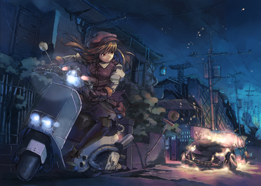 1girl blonde_hair car gloves hat meiz motor_vehicle motorcycle original power_lines red_eyes riding road_sign ruins scenery sign solo vehicle