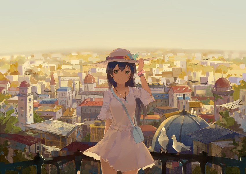 1girl arch arm_behind_back bag bangs bird black_hair city cityscape dome dress gensou_kuro_usagi hand_on_headwear hat hat_ribbon horizon jewelry light_smile long_hair looking_at_viewer love_live!_school_idol_project necklace outdoors pendant pigeon railing red_ribbon ribbon rooftop scenery shoulder_bag sky smile solo sonoda_umi spire sun_hat white_dress white_hat wrist_scrunchie yellow_eyes