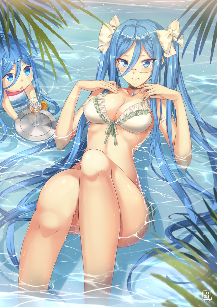 2015 2girls afloat aoki_hagane_no_arpeggio bangs bendy_straw bikini blue_eyes blue_hair blush bow breasts chibi choker cleavage cocktail_glass drinking_straw dual_persona frilled_bikini frills front-tie_bikini front-tie_top glasses hair_between_eyes hair_bow hair_ribbon hands_on_own_chest highres ice ice_cube knees_up large_breasts long_hair looking_at_viewer luzi lying mole mole_under_mouth multiple_girls on_back orange_slice parted_bangs partially_submerged ponytail ribbon rimless_glasses side-tie_bikini signature smile swimsuit takao_(aoki_hagane_no_arpeggio) tray tsurime twintails very_long_hair water white_bow