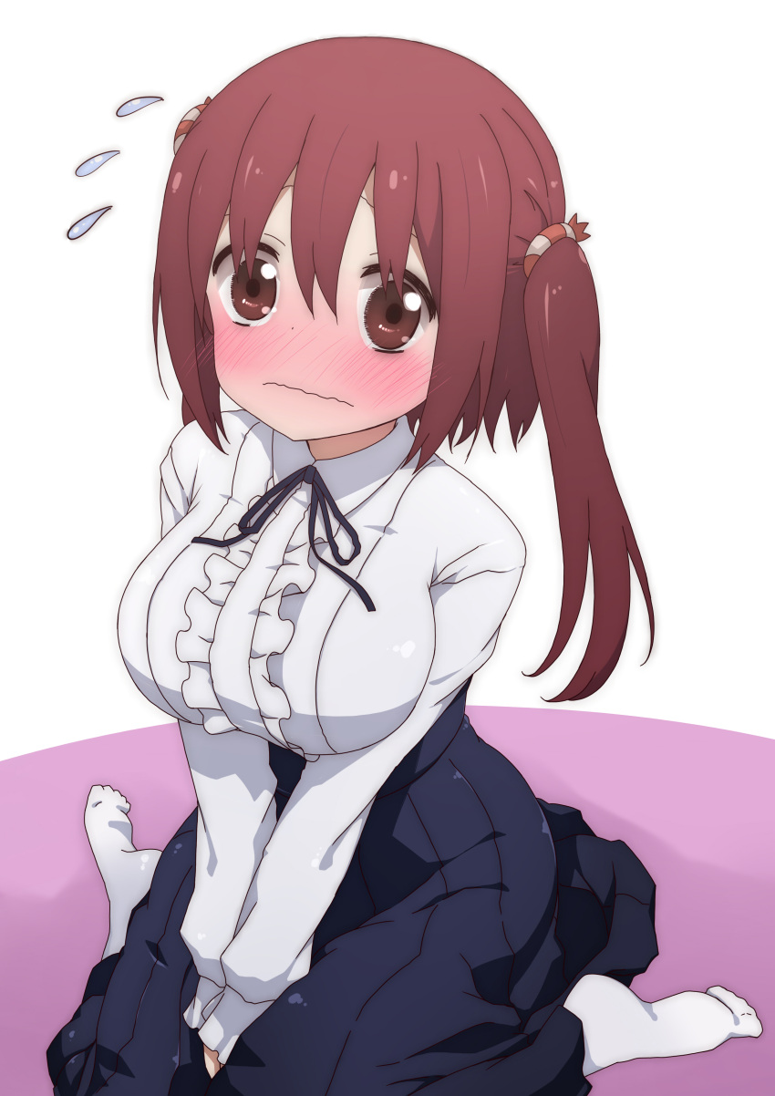 1girl absurdres blush breasts brown_eyes brown_hair commentary_request dress ebina_nana embarrassed flying_sweatdrops from_above highres himouto!_umaru-chan large_breasts long_hair long_skirt long_sleeves looking_at_viewer looking_up puroheshi shirt sitting skirt solo twintails virgin_killer_outfit wariza wavy_mouth