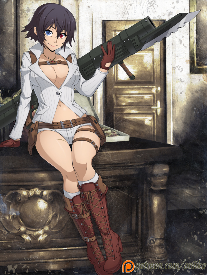 1girl armpit_holster bayonet bazooka black_hair blue_eyes boots breasts brown_gloves cleavage cross-laced_footwear desk devil_may_cry devil_may_cry_4 gloves heterochromia highres holster knee_boots kneehighs lace-up_boots lady_(devil_may_cry) large_breasts navel no_bra red_eyes scar short_hair short_shorts shorts sitting smile solo spike_wible thigh_gap watermark weapon web_address