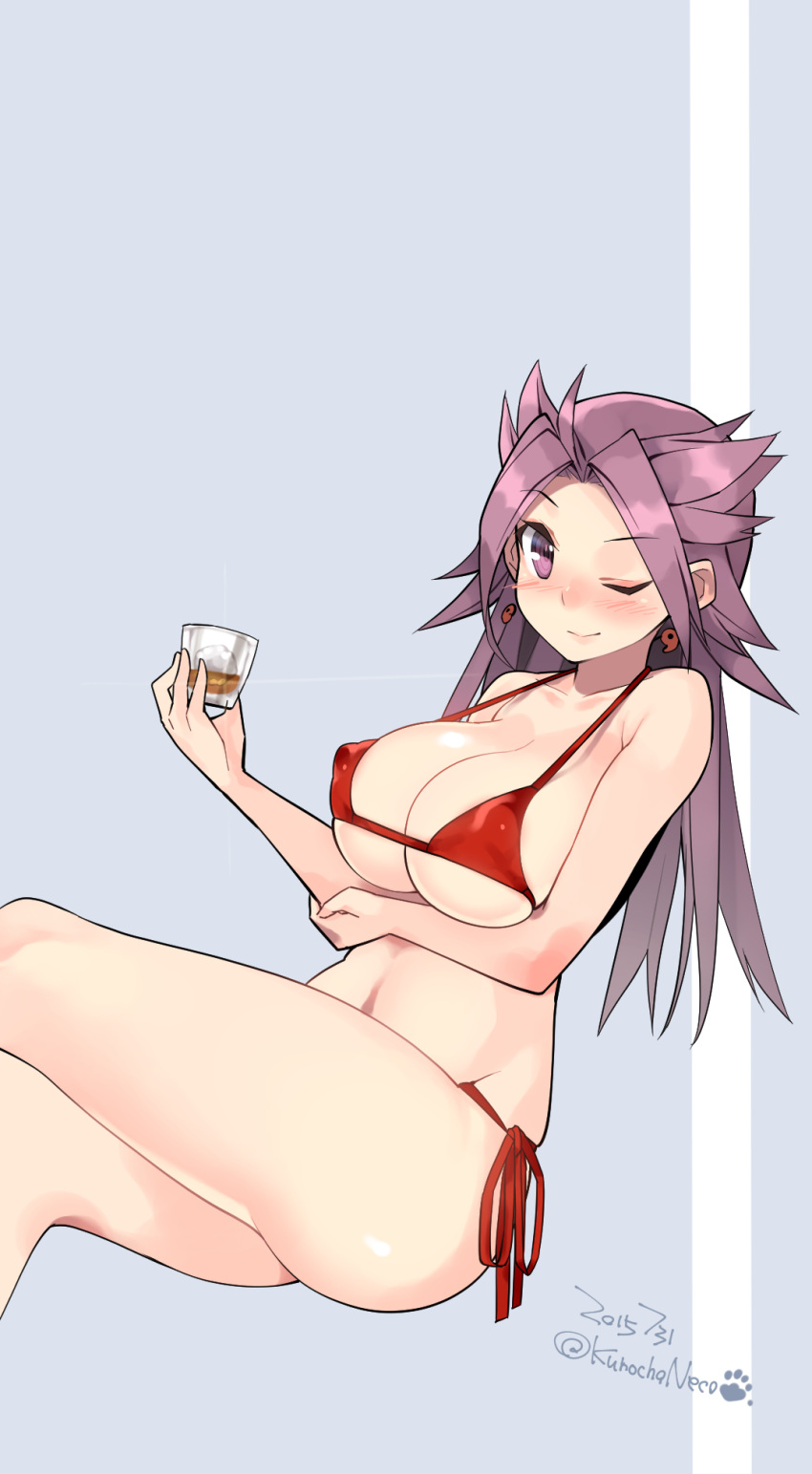 1girl 2015 bikini blush breast_hold breasts cat_paws cleavage dated earrings glass highres jewelry jun'you_(kantai_collection) kantai_collection kuro_chairo_no_neko large_breasts long_hair looking_at_viewer magatama_earrings one_eye_closed paws purple_hair red_bikini side-tie_bikini signature simple_background smile solo swimsuit twitter_username violet_eyes