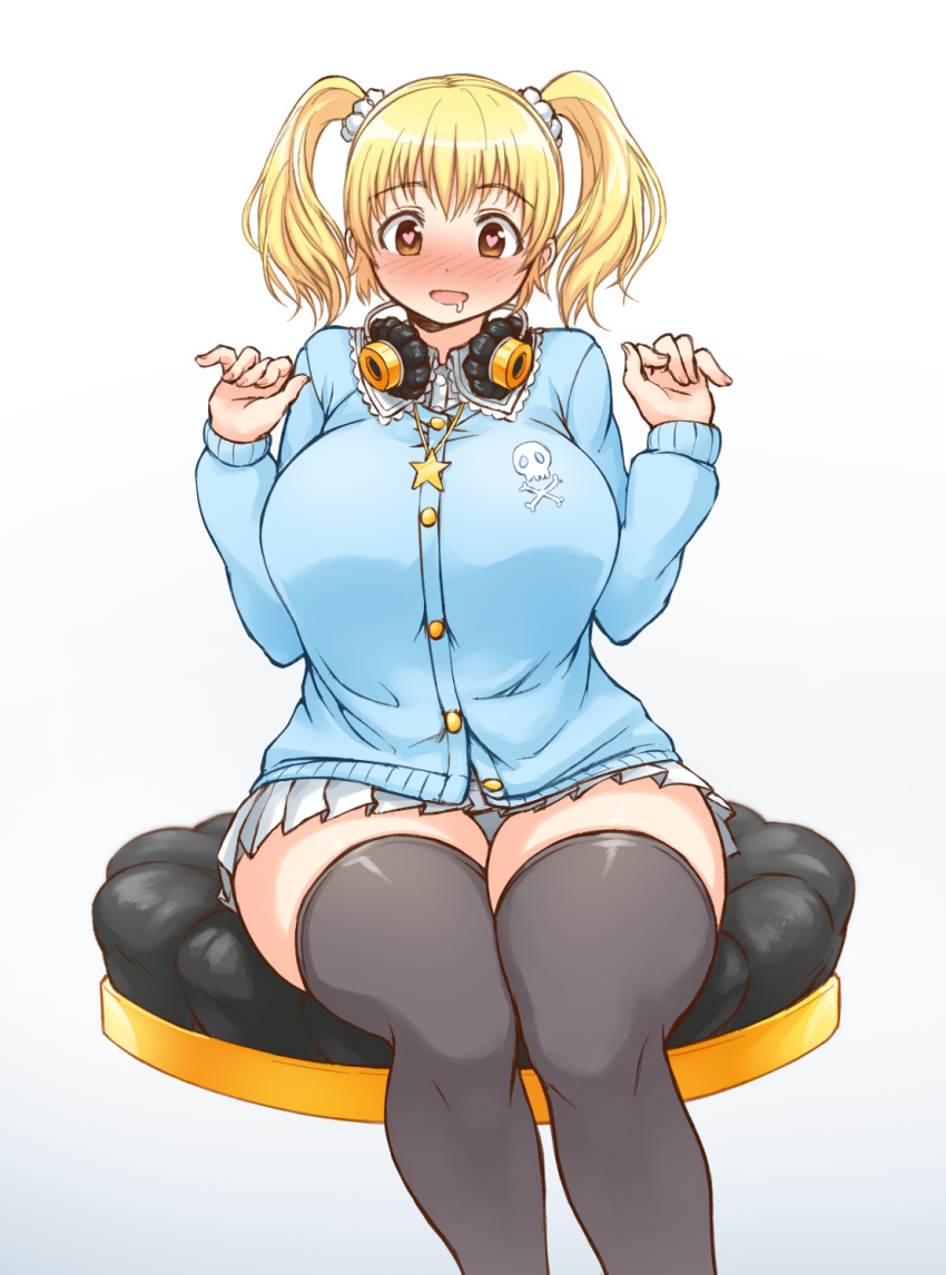 1girl black_legwear blonde_hair blush breasts brown_eyes cardigan drooling headphones headphones_around_neck heart heart-shaped_pupils highres huge_breasts jewelry looking_at_viewer miniskirt necklace nitroplus panties pantyshot pantyshot_(sitting) pas_(paxiti) pendant pillow pleated_skirt plump revision scrunchie short_hair sitting skirt skull_and_crossbones solo star super_pochaco symbol-shaped_pupils thick_thighs thighs twintails underwear