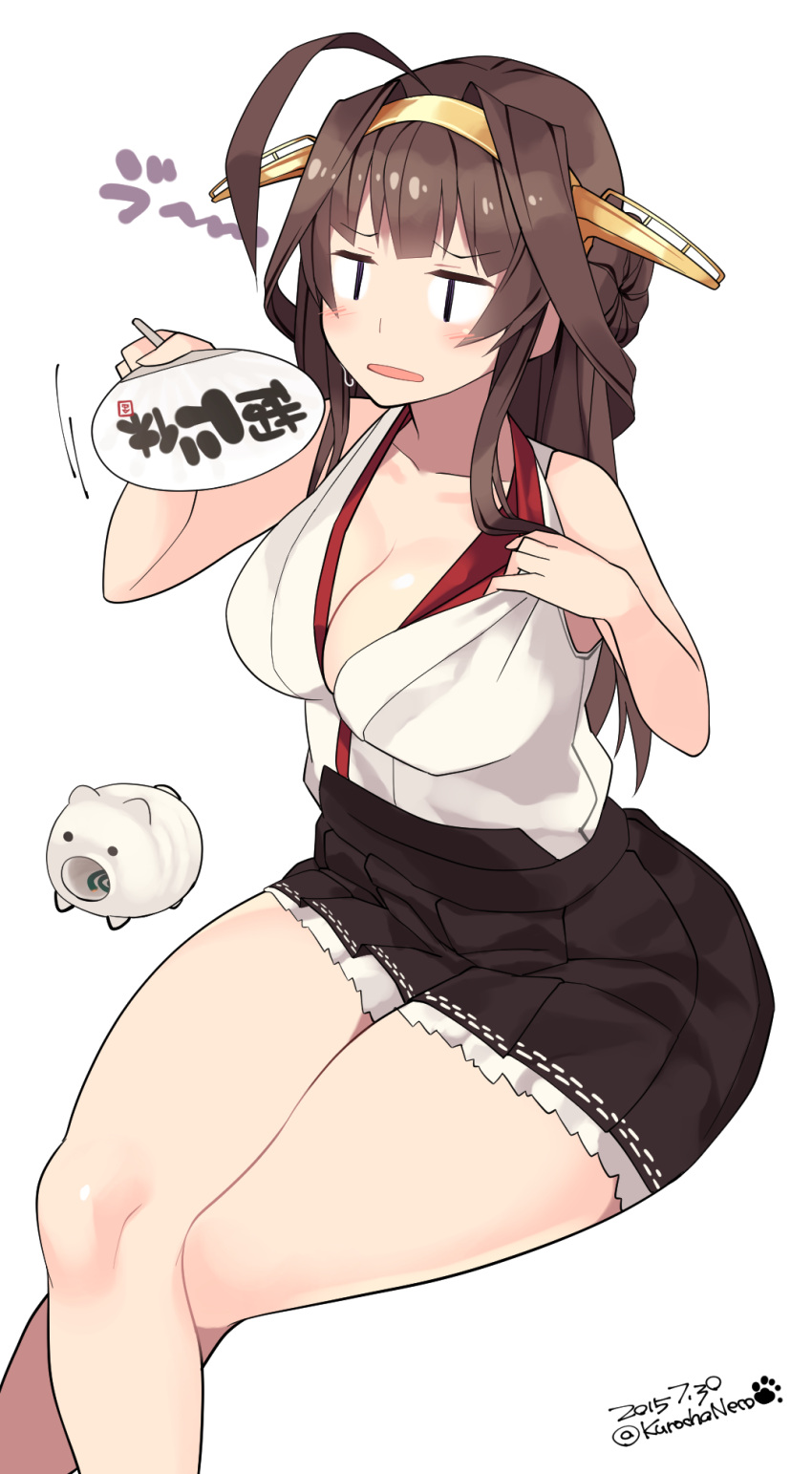 1girl 2015 ahoge bare_arms black_skirt blush breasts brown_hair cleavage collarbone crossed_legs dated double_bun expressive_clothes expressive_hair fan hair_intakes hairband highres hot kantai_collection kongou_(kantai_collection) kuro_chairo_no_neko large_breasts long_hair nontraditional_miko open_mouth paw_print pulled_by_self remodel_(kantai_collection) shiny shiny_skin simple_background sitting skindentation skirt sleeveless solo sweatdrop twitter_username violet_eyes white_background