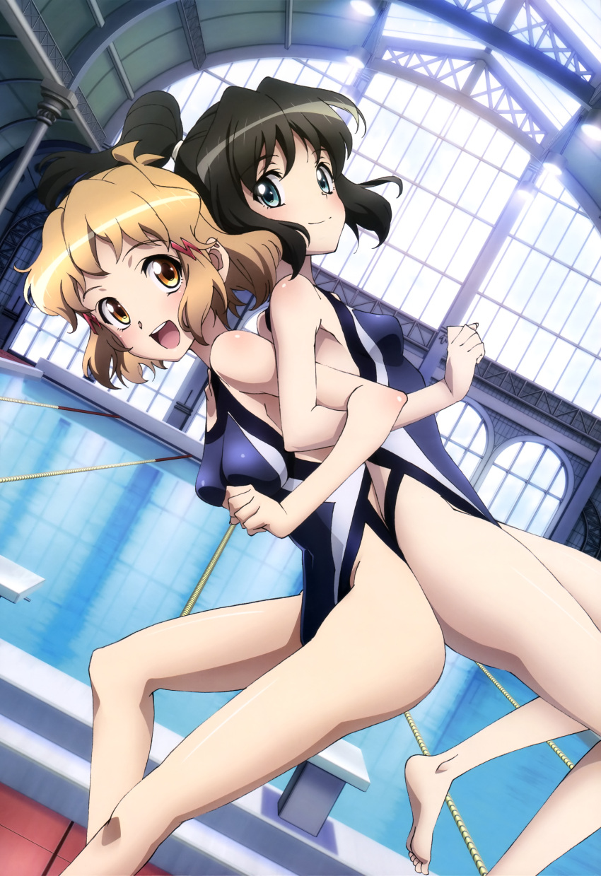 2girls :d absurdres arch back-to-back bare_legs barefoot black_hair blue_eyes breasts brown_eyes brown_hair carrying column competition_swimsuit dutch_angle from_side hair_ornament hairclip highres indoor_pool indoors kohinata_miku lane_line leaning_forward legs light locked_arms looking_at_viewer looking_to_the_side multiple_girls nyantype official_art one-piece_swimsuit open_mouth pillar ponytail pool poolside senki_zesshou_symphogear short_hair skylight smile standing swimsuit tachibana_hibiki_(symphogear) tile_floor tiles water window