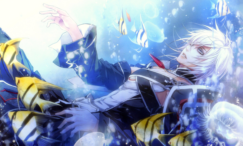 1boy absurdres grey_eyes grey_hair highres salo-mon short_hair solo underwater usuba_kagerou wand_of_fortune