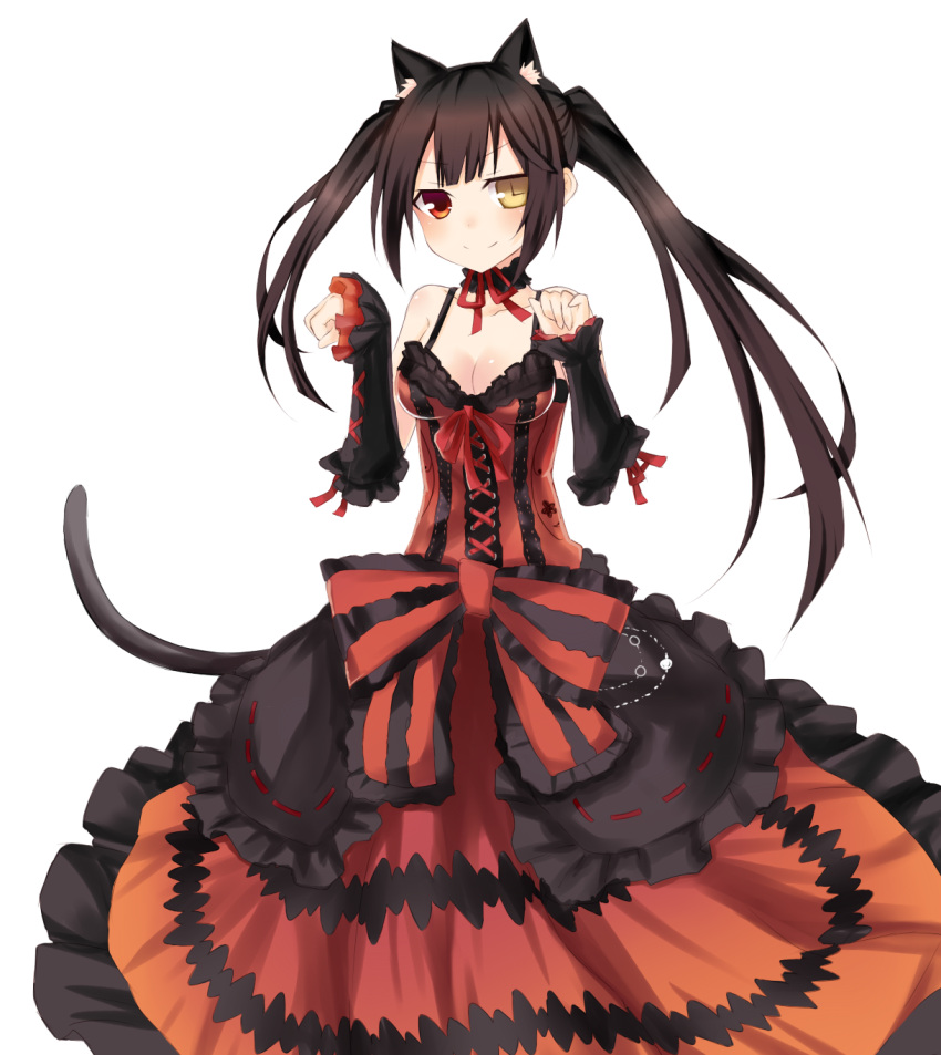 1girl animal_ears black_hair blush breasts cat_ears cat_tail choker cleavage clock_eyes date_a_live detached_sleeves dress google_(asdek18) heterochromia highres lolita_fashion long_hair looking_at_viewer paw_pose red_dress red_eyes ribbon smile solo standing tail tokisaki_kurumi twintails white_background yellow_eyes