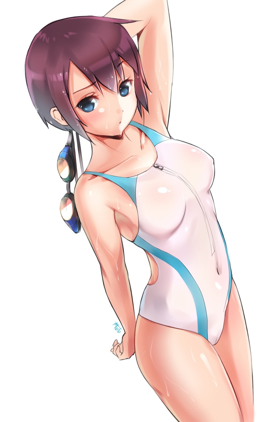 1girl blue_eyes brown_hair competition_swimsuit goggles goggles_removed highres holding_goggles muto one-piece_swimsuit original short_hair solo standing swimsuit zipper