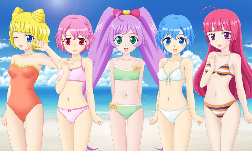 4girls bikini blue_eyes blue_hair dorothy_west green_eyes houjou_sophie leona_west long_hair manaka_lala minami_mirei miracle! multiple_girls otoko_no_ko pink_hair pripara purple_hair red_eyes redhead short_hair standing swimsuit twintails violet_eyes