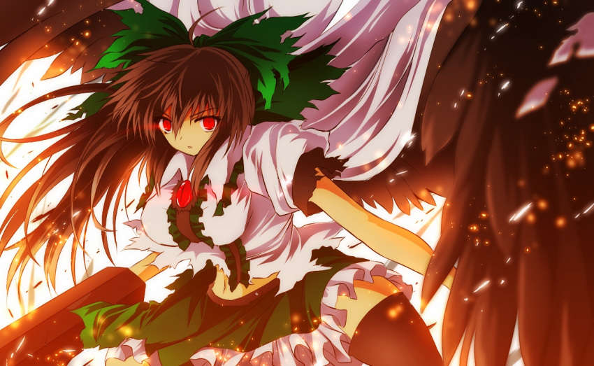 1girl ahoge angel_wings arm_cannon black_hair black_legwear black_wings bow breasts cape glowing glowing_eyes hair_bow large_breasts long_hair looking_at_viewer midriff navel nekominase open_mouth red_eyes reiuji_utsuho skirt solo thigh-highs third_eye torn_clothes touhou weapon wings