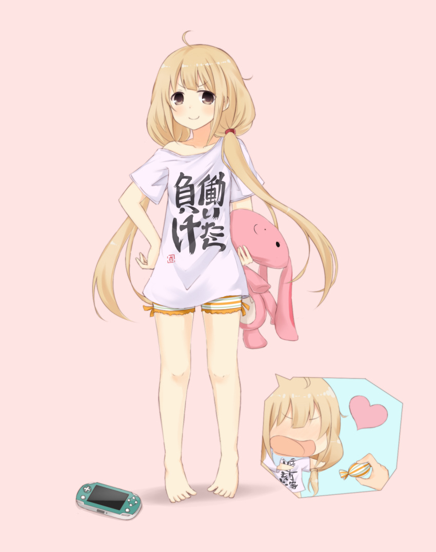 1girl barefoot blonde_hair blush brown_eyes candy clothes_writing futaba_anzu google_(asdek18) handheld_game_console heart highres holding idolmaster idolmaster_cinderella_girls long_hair looking_at_viewer pink_background short_shorts shorts smile solo standing stuffed_animal stuffed_bunny stuffed_toy t-shirt translated twintails you_work_you_lose