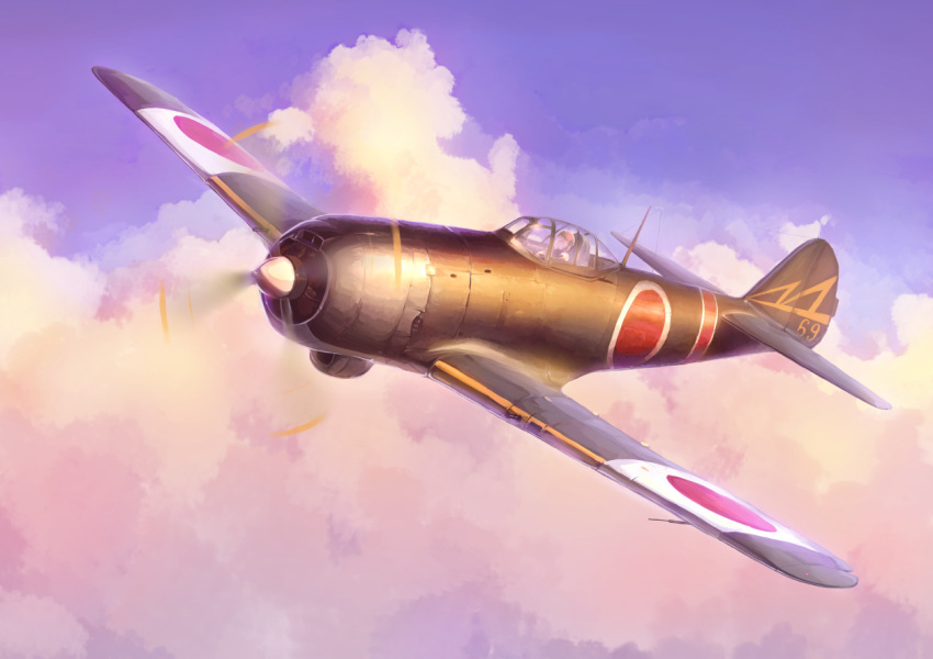 airplane clouds flying japan japanese_flag military nakajima_ki-84_hayate okb329 realistic world_war_ii